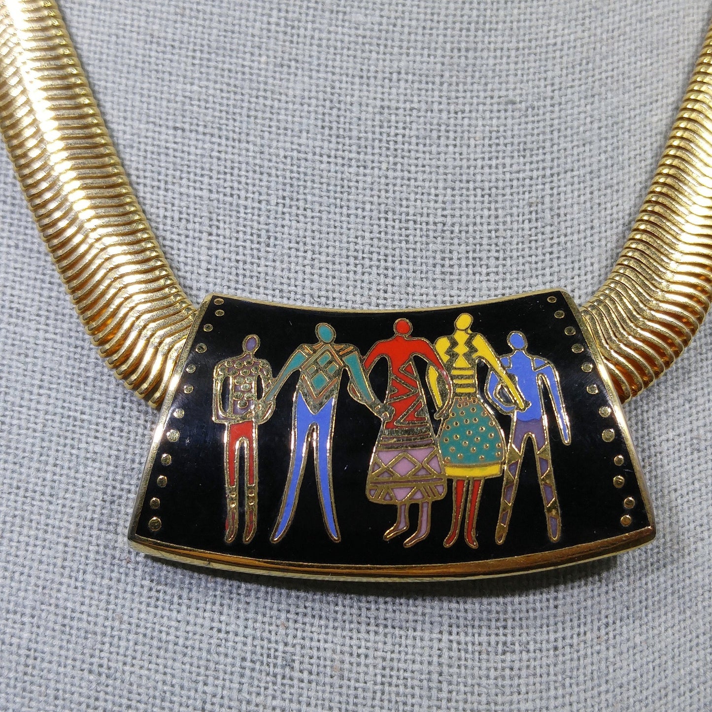 Laurel Burch "Familia" Cloisonne Necklace, Gold Plated Omega Chain, 1980s Vintage Jewelry