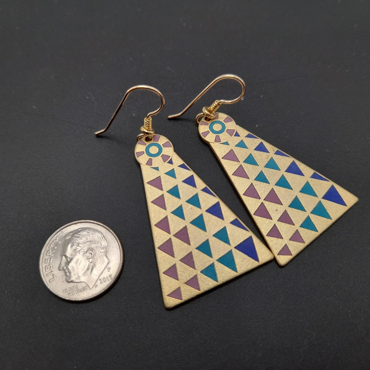 Laurel Burch Geometric Long Earrings, Gold Filled Ear Wires, 1980s Vintage Jewelry