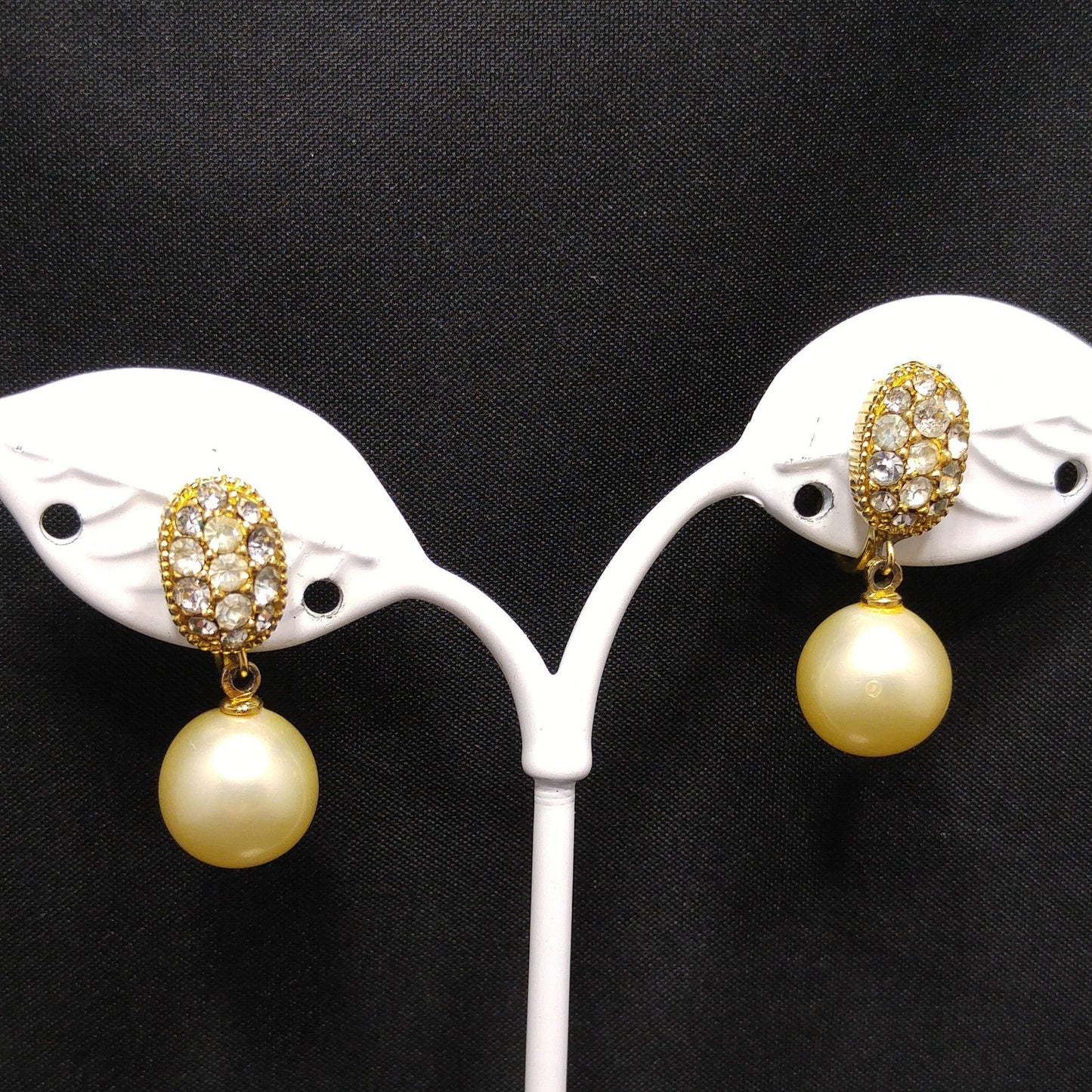 Ciner Faux Pearl Dangle Clip Earrings, Clear Rhinestones, Gold Plated, 1970s Vintage