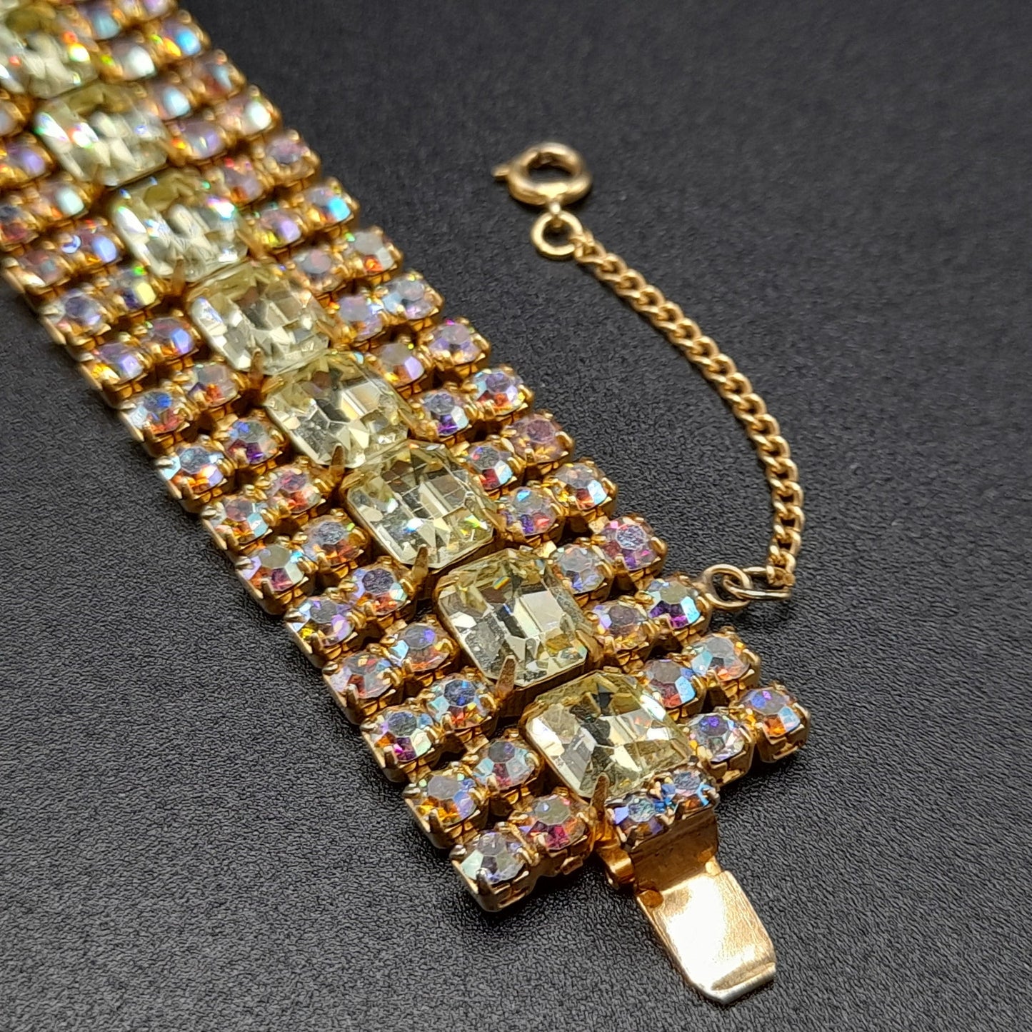 Jonquil Aurora Borealis Rhinestone Wide Bracelet, Gold Plated, 1960s Vintage Jewelry