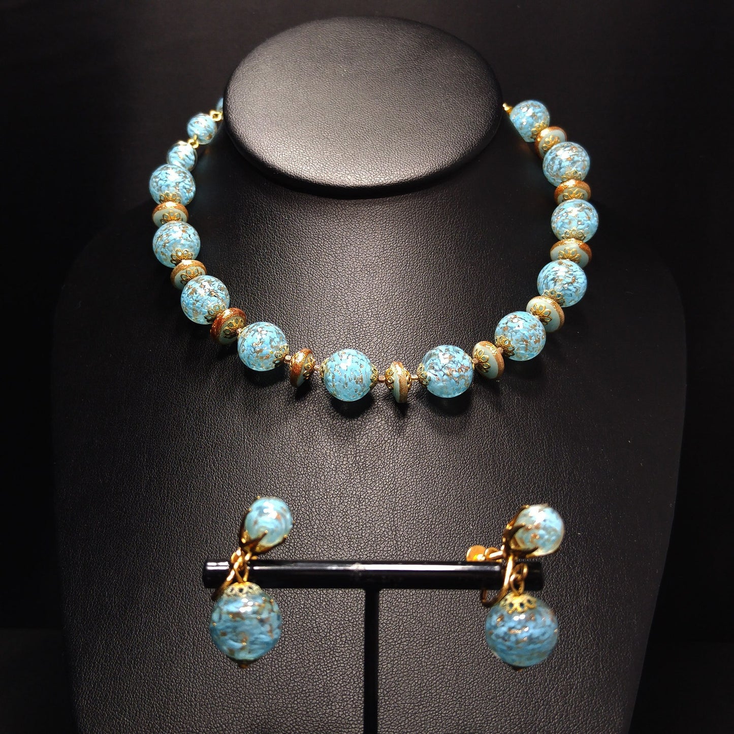 Kramer Turquoise Gold Beaded Necklace & Earrings Set, Gold Glitter Murano Glass