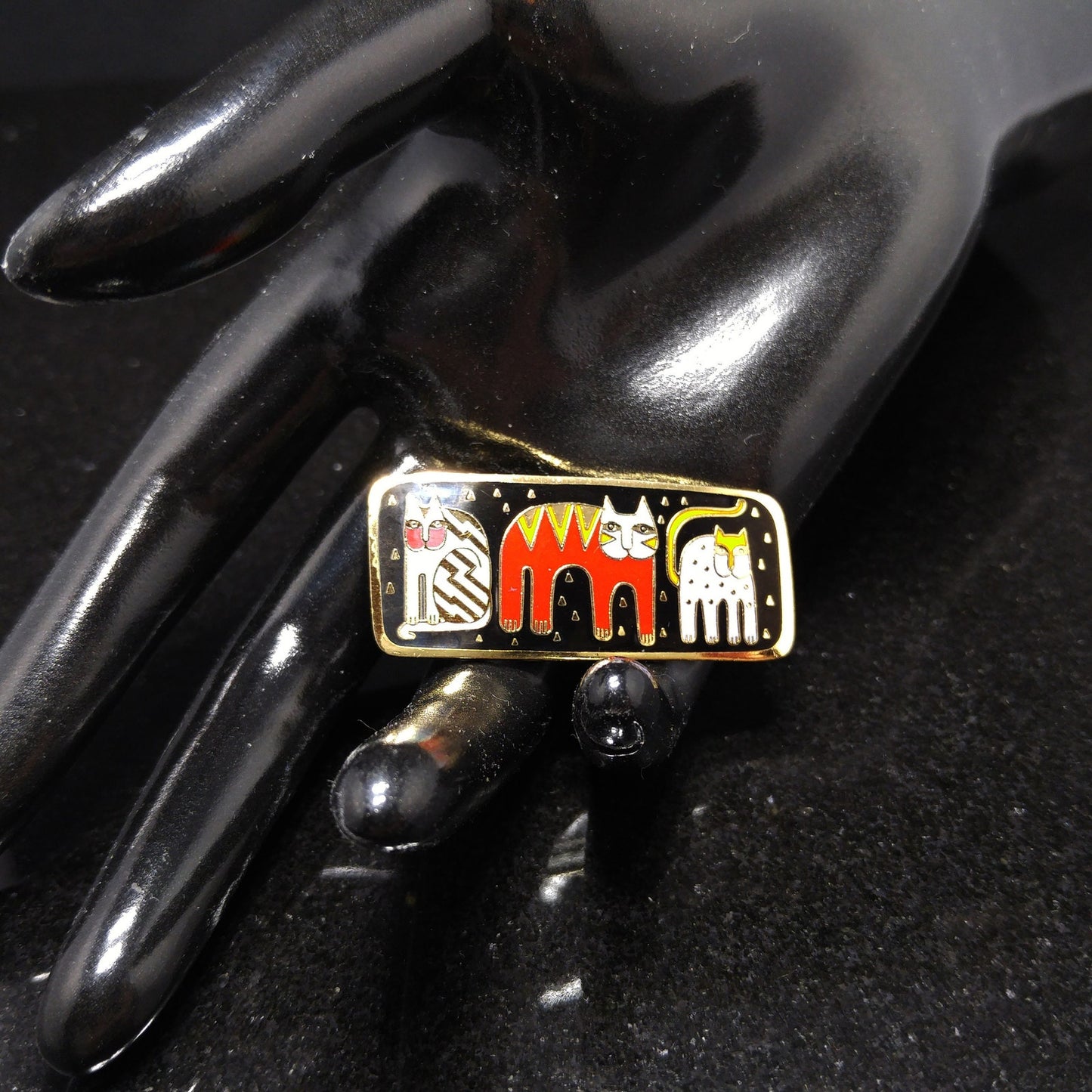 Laurel Burch "Fantastic Felines" Enamel Brooch, Gold Plated Cloisonne, 1980s
