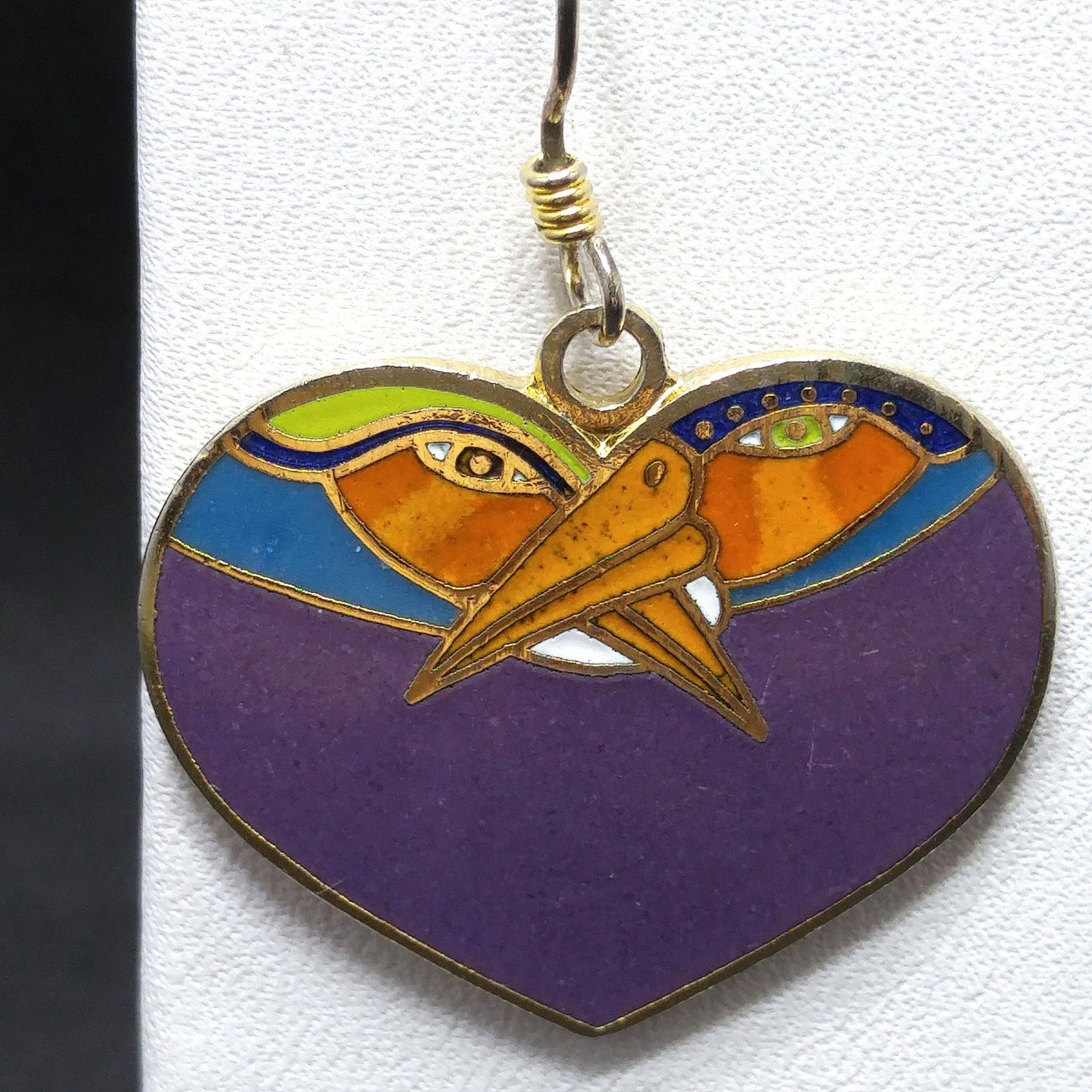 Vintage Laurel Burch Purple Bird Heart Earrings, Gold Plated