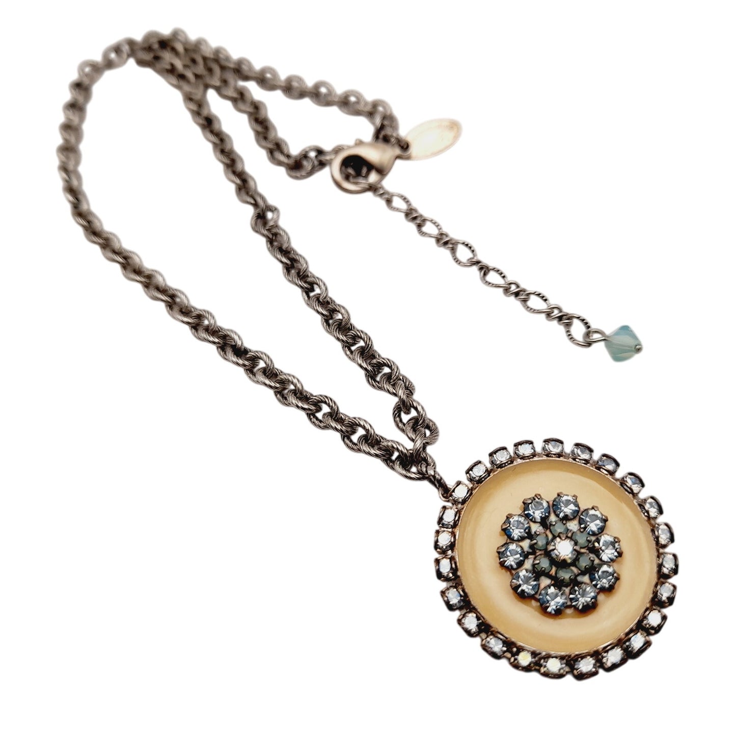 Vintage Liz Palacios Pendant Necklace – Blue Rhinestones on Cream Enamel – Gold Tone