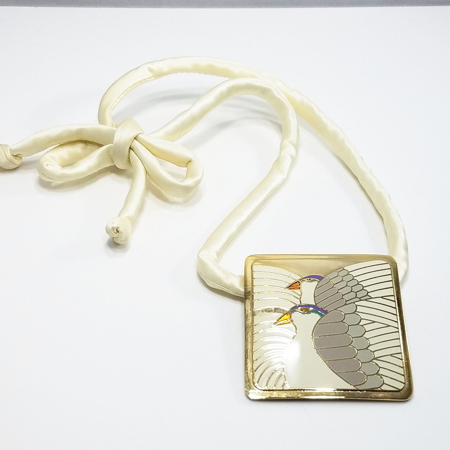 Vintage Laurel Burch "Moon Doves" Pendant Necklace, Gold Plated Cloisonne
