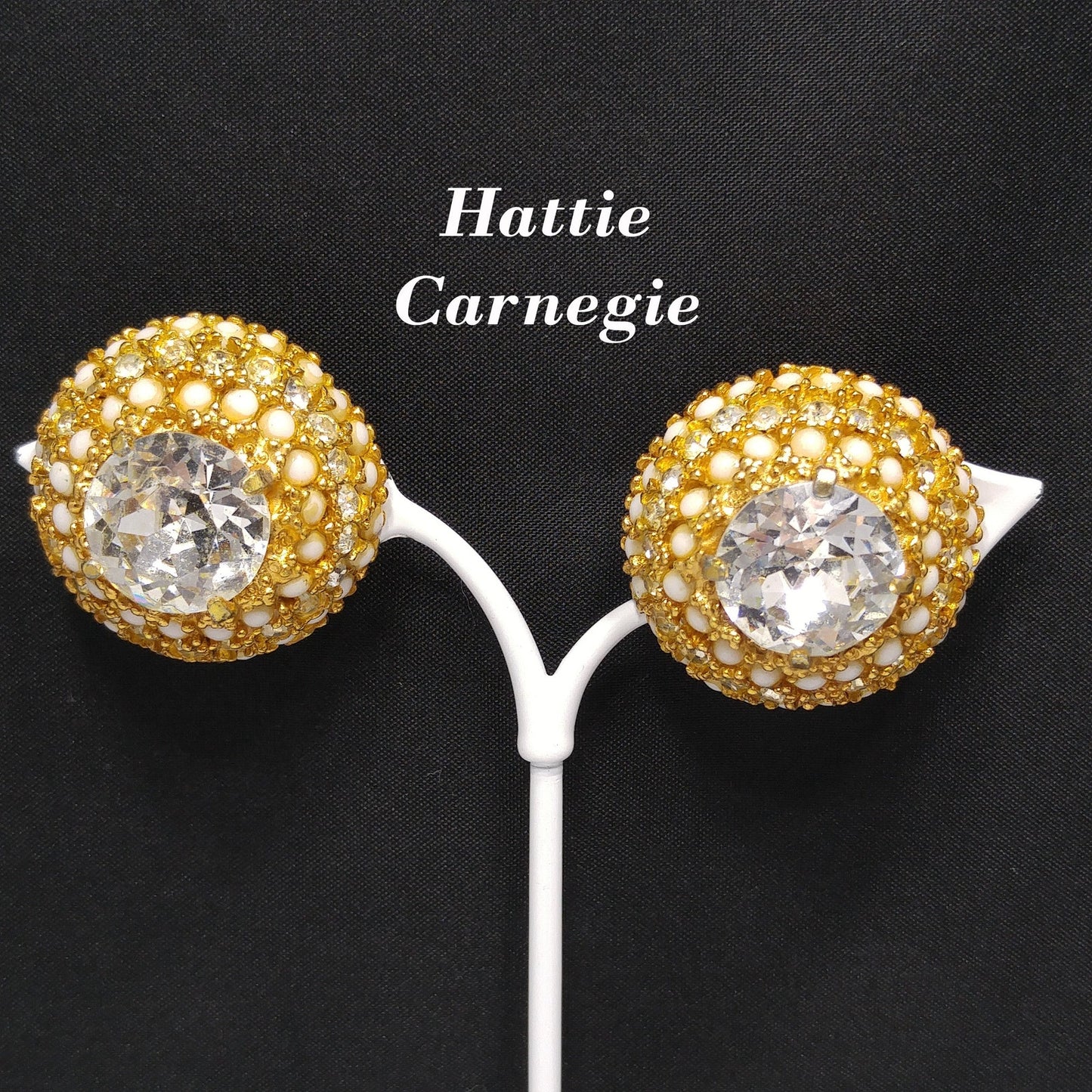 Vintage Hattie Carnegie Large Rhinestone Clip Earrings, Gold Plated, 1960s