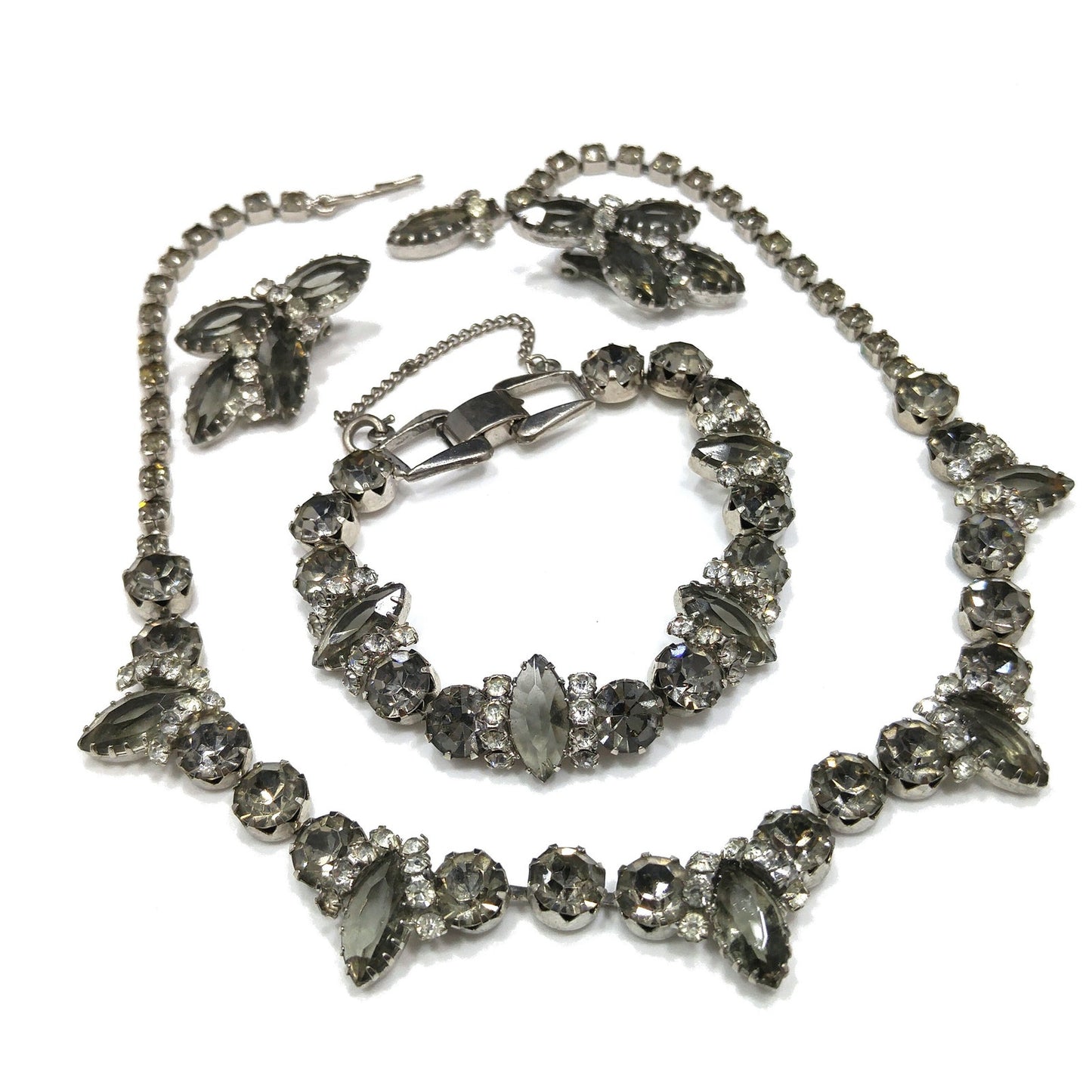 Black Diamond & Clear Rhinestone Jewelry Set, Necklace Bracelet Clip Earrings, 1950s Vintage Jewelry