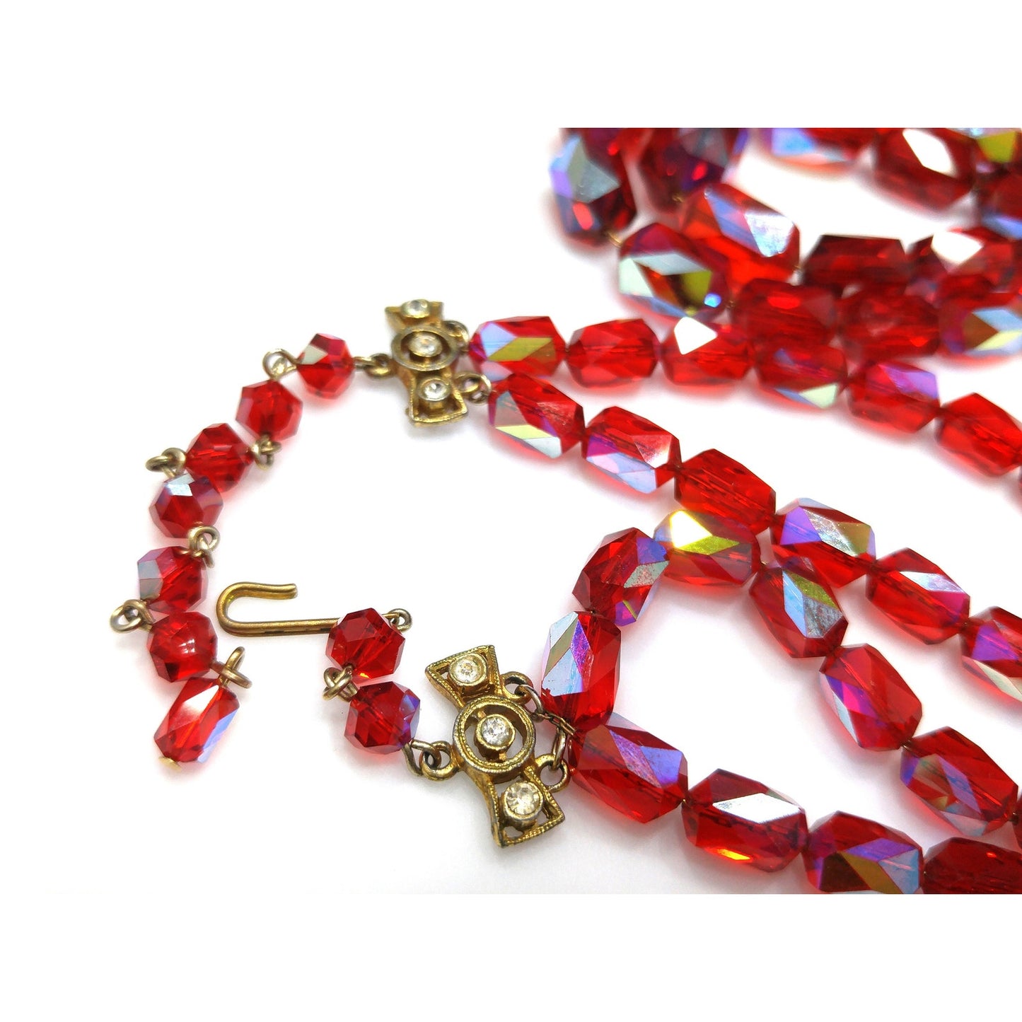 Red Aurora Borealis Graduated Beaded Two Strand Necklace on Chain, 1970s Vintage Jewelry