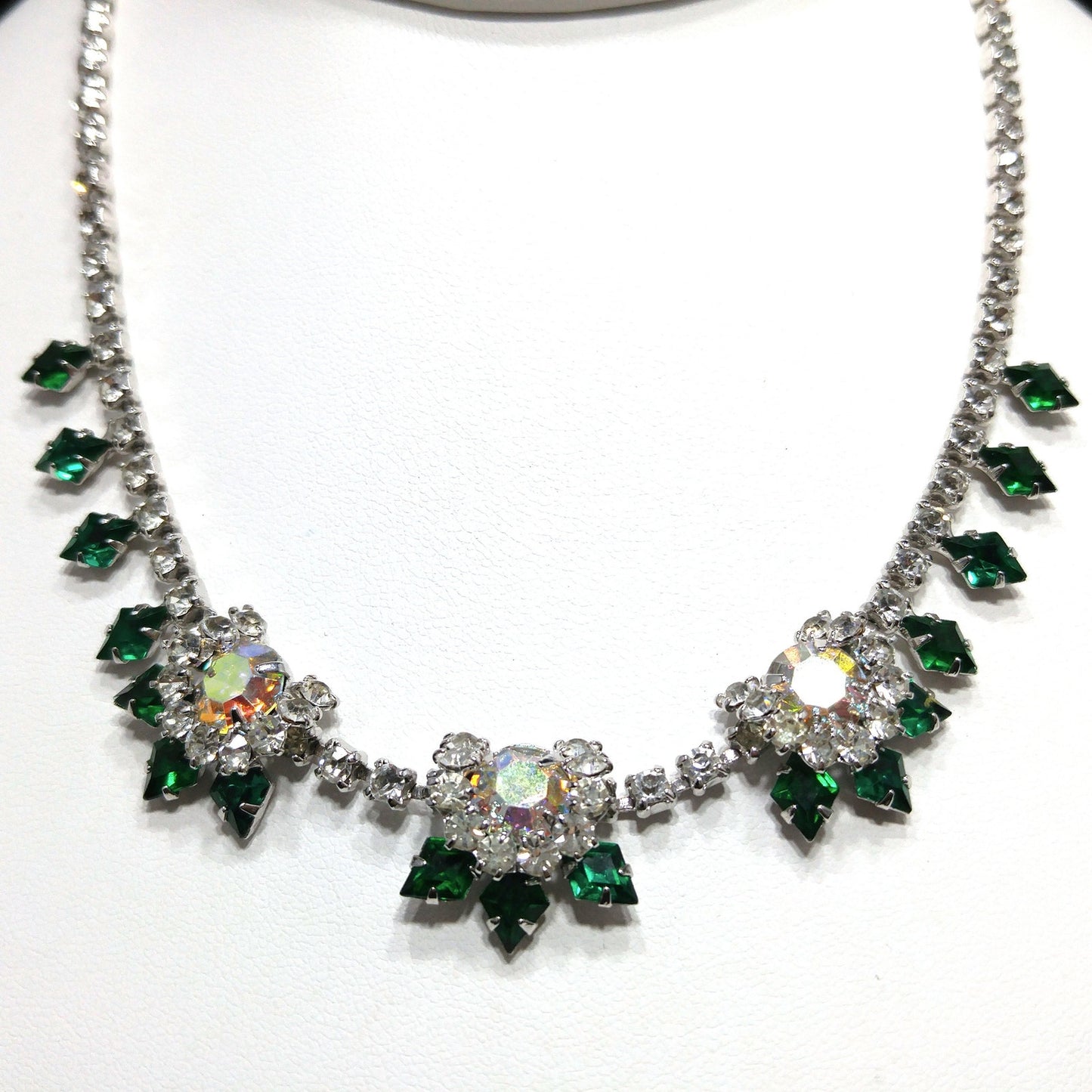 Vintage Green Clear Rhinestone Choker Necklace, Aurora Borealis, Rhodium Plated, 1960s Vintage Jewelry