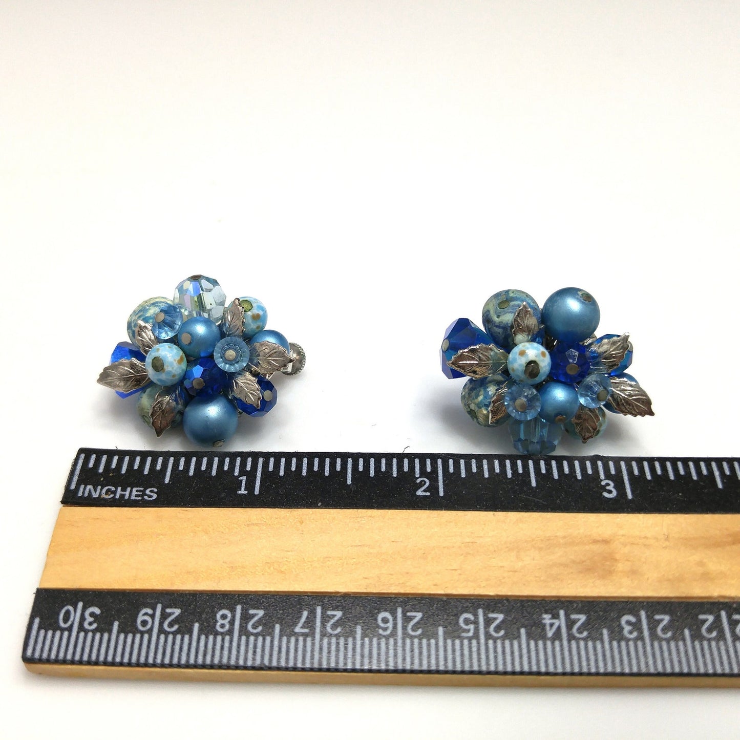 Vendome Blue Beaded Clip Earrings, Aurora Borealis, Silver Leaves, 1960s Vintage Jewelry