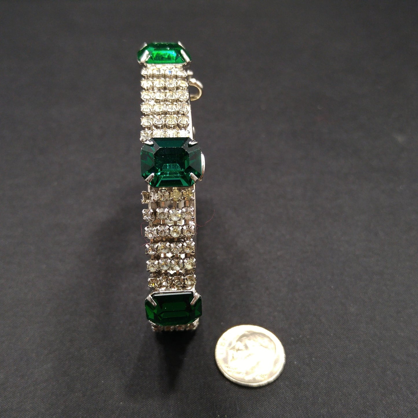 Kramer Green Rhinestone Hinged Bracelet, Safety Chain, 1960s Vintage Jewelry