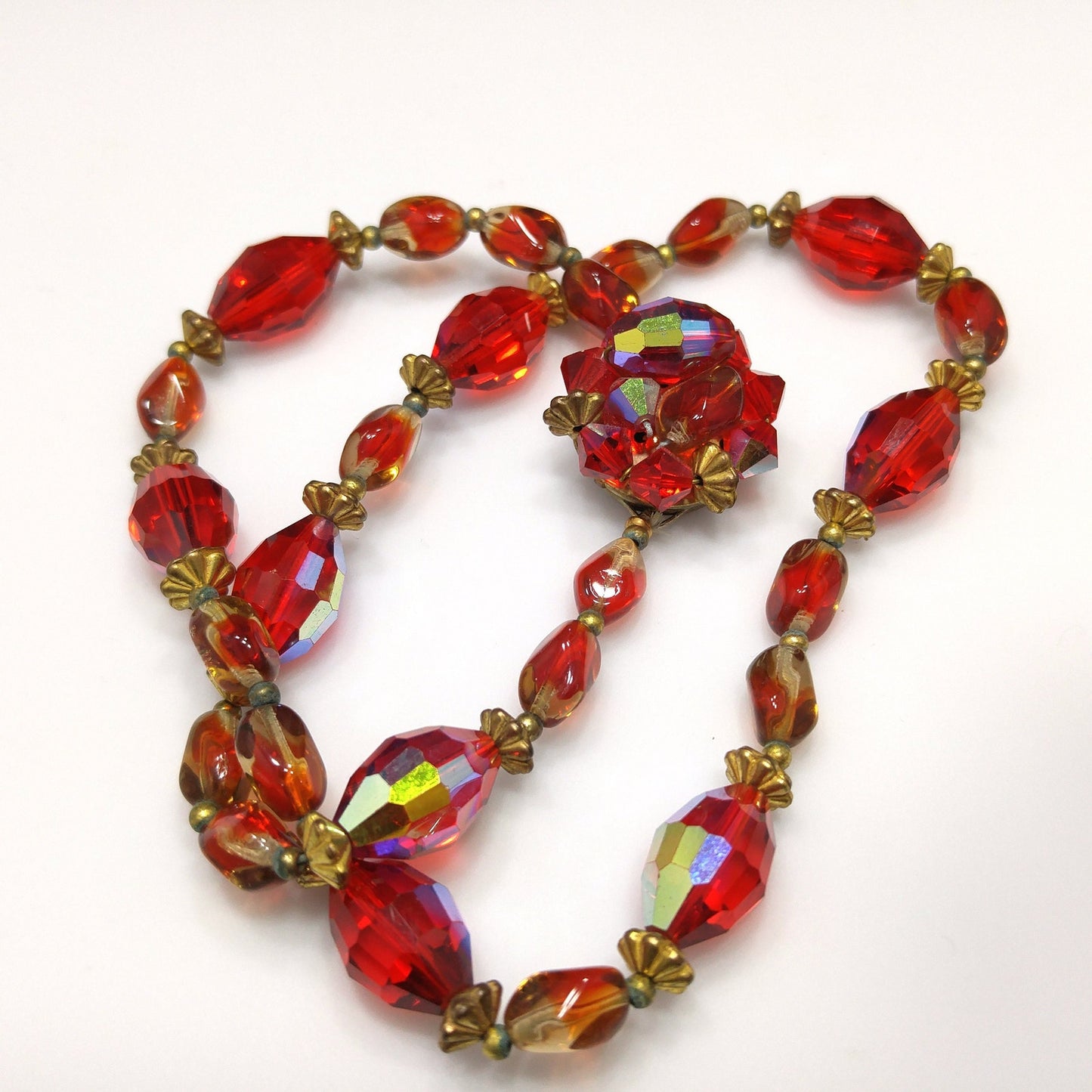 Red Aurora Borealis Beaded Necklace, Beaded Clasp, 1960s Vintage Jewelry