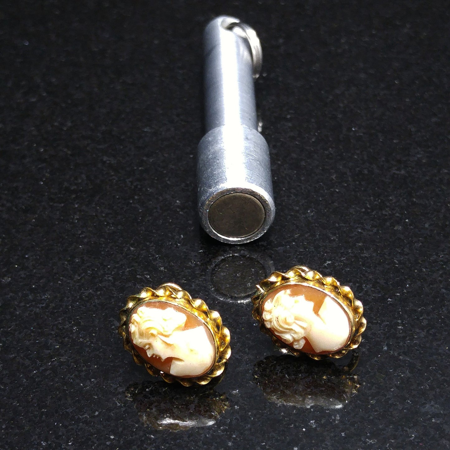 CM Carved Cameo Shell Earrings, Gold Filled, 1940s Vintage Jewelry