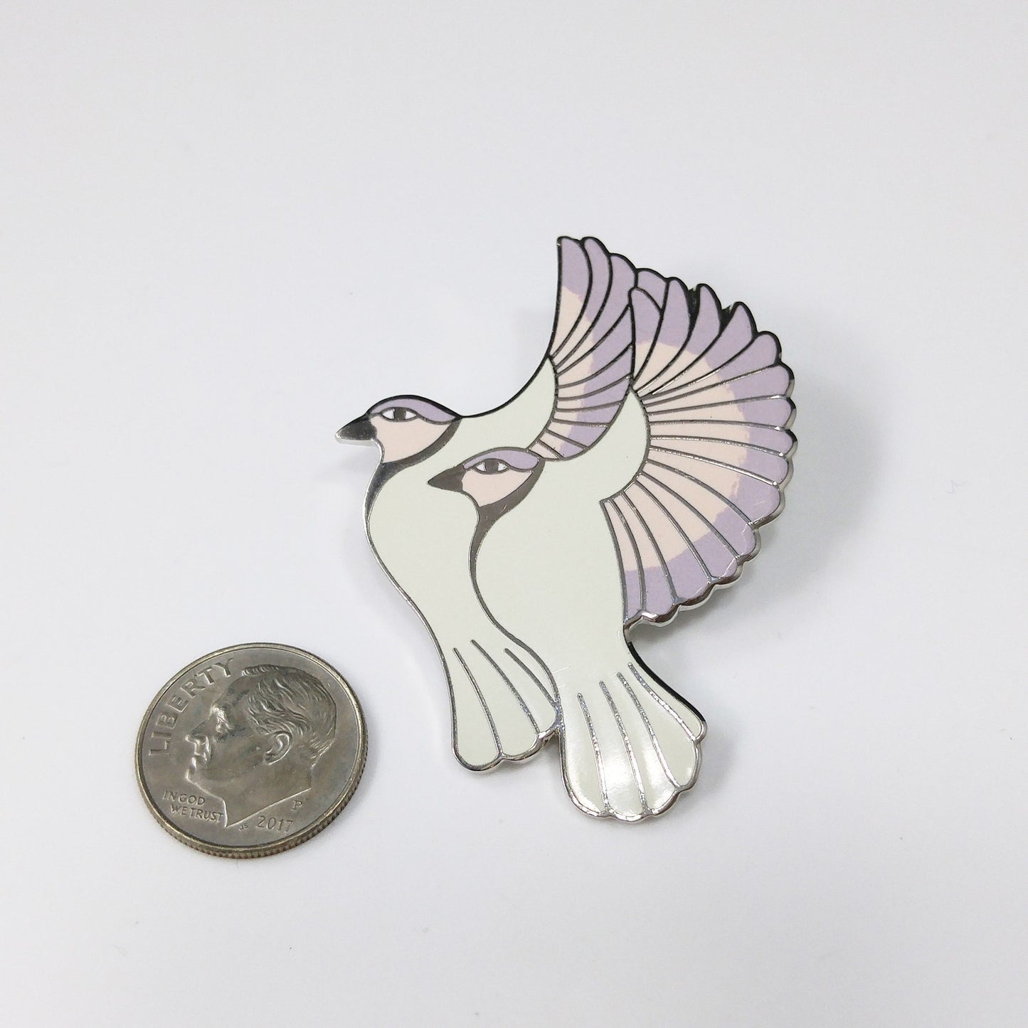 Vintage Laurel Burch "Hummingbirds" Pendant Brooch, White Gold Cloisonne, 1980s