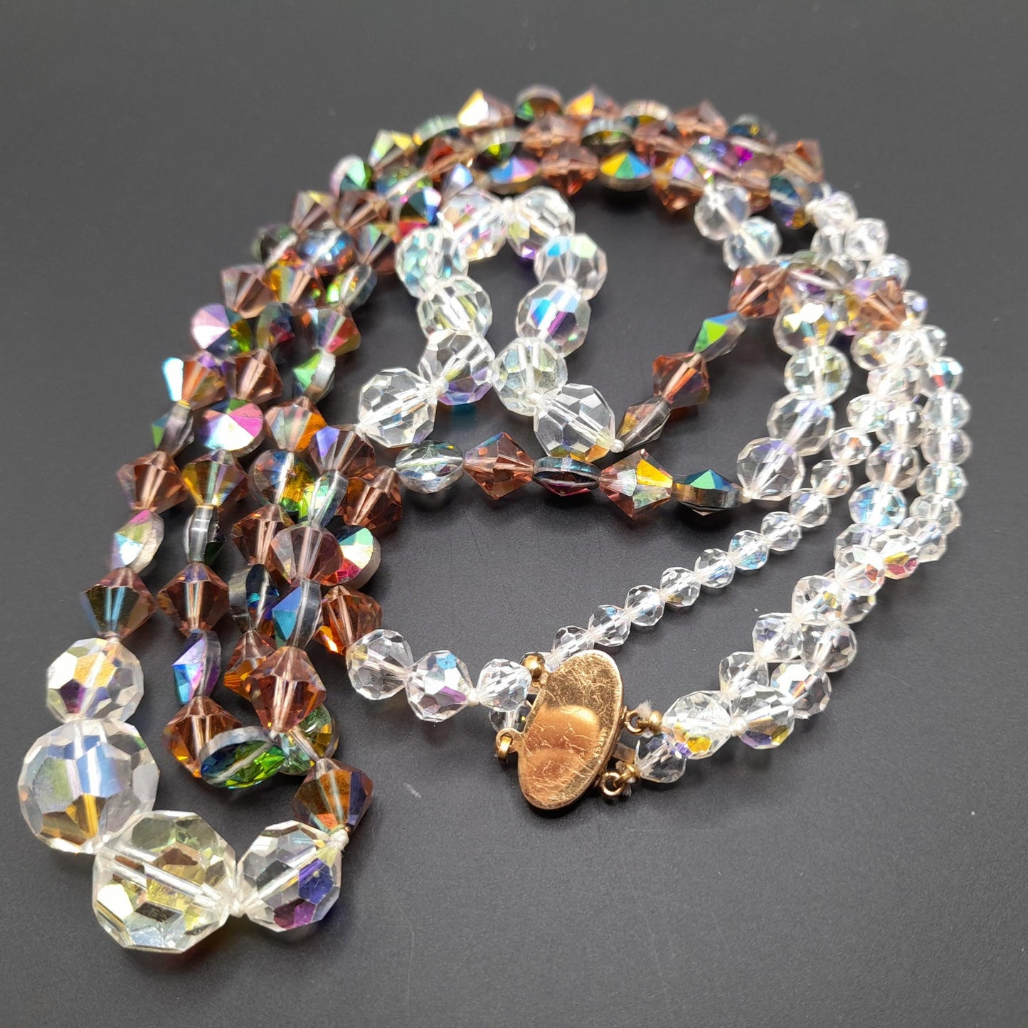 Vintage Crystal Bead Long Necklace, Asymmetrical Clear AB Topaz Crystals, 26"
