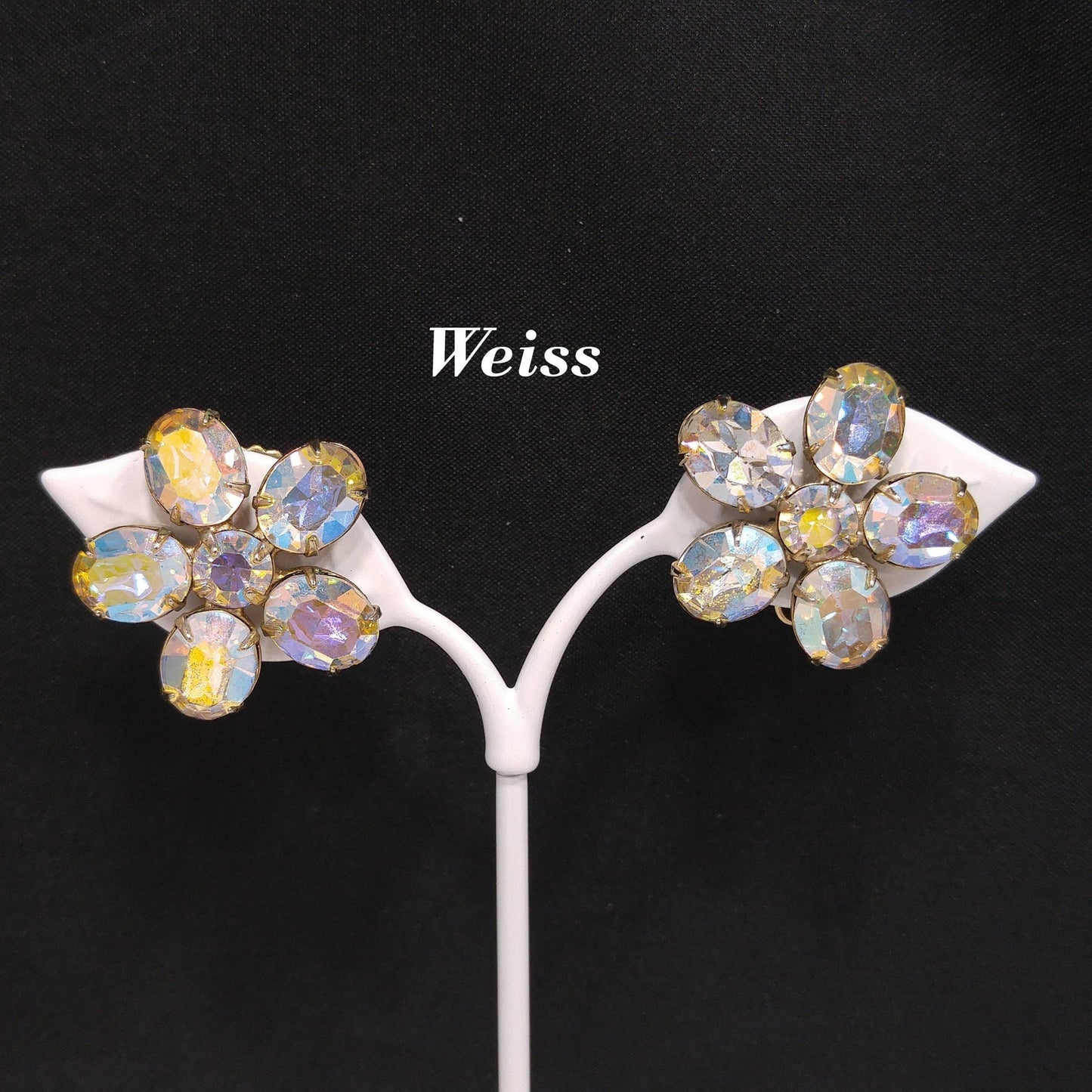 Weiss Aurora Borealis Clear Rhinestone Earrings, Flower Clip Earrings, 1950s Vintage Jewelry