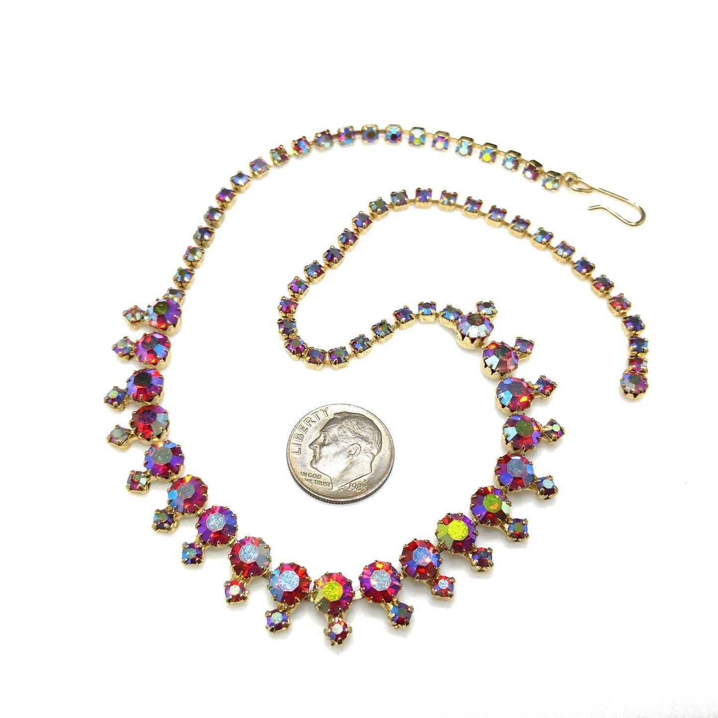 Red Rhinestone Aurora Borealis Choker Necklace, Gold Plated, 1960s Vintage Jewelry