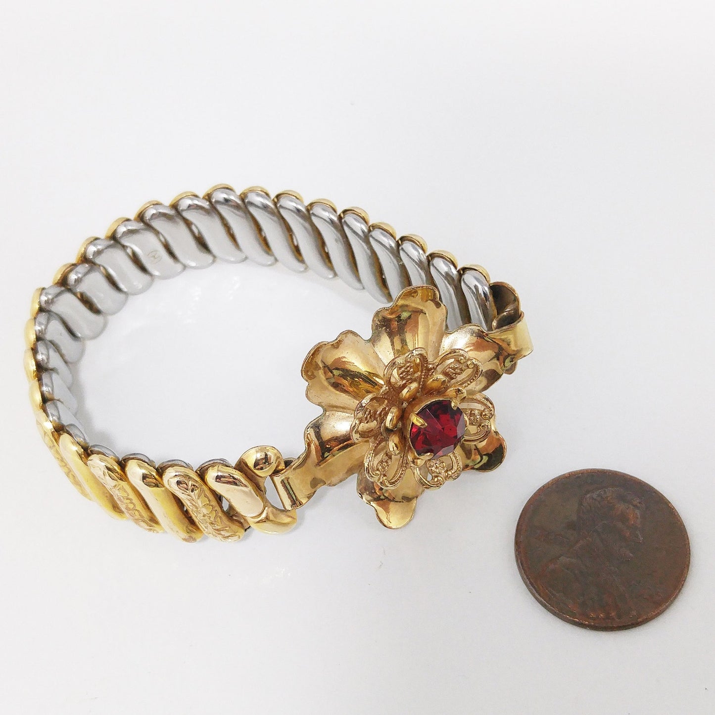 Barclay Gold Filled Flower Expansion Bracelet, Red Crystal Gold Flower