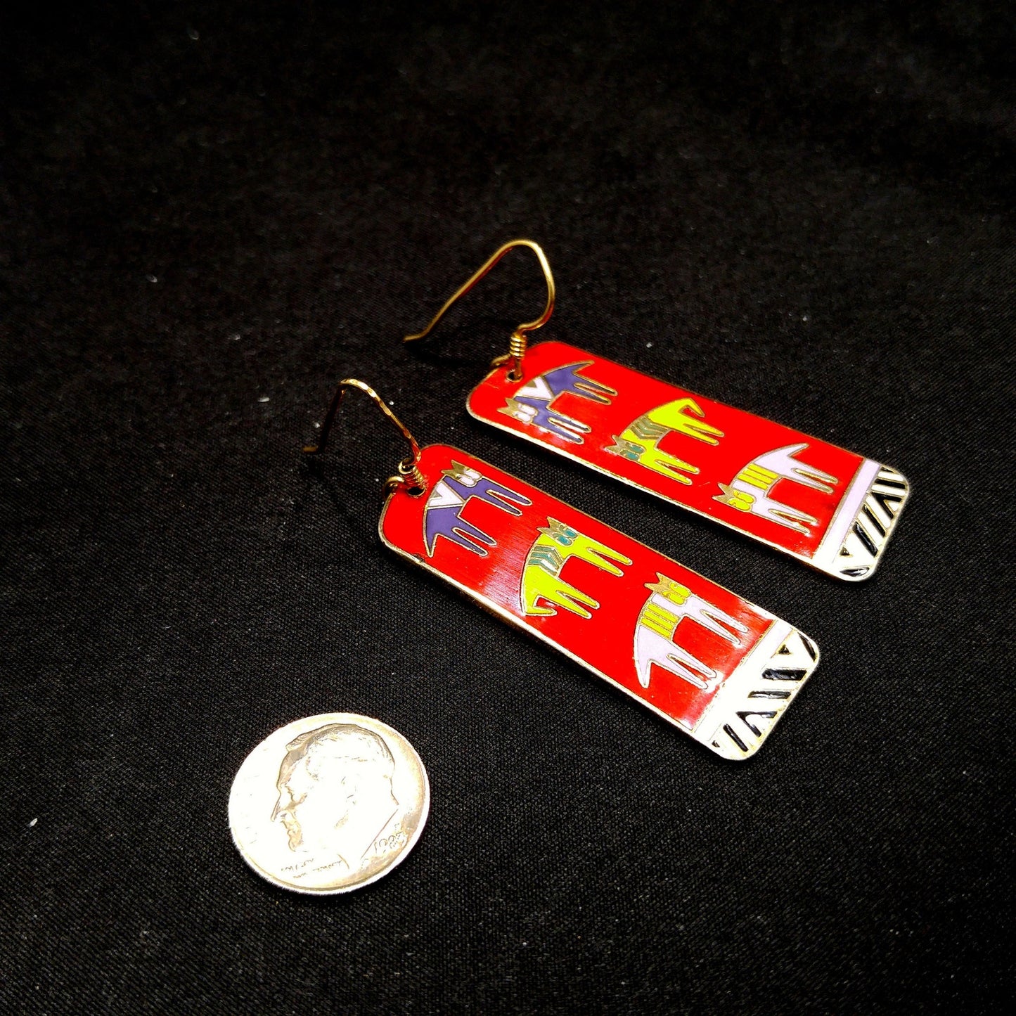 Laurel Burch "Hieroglyphic" Cats, Cloisonne Red Enamel, Gold Plated, 1980s Vintage Jewelry