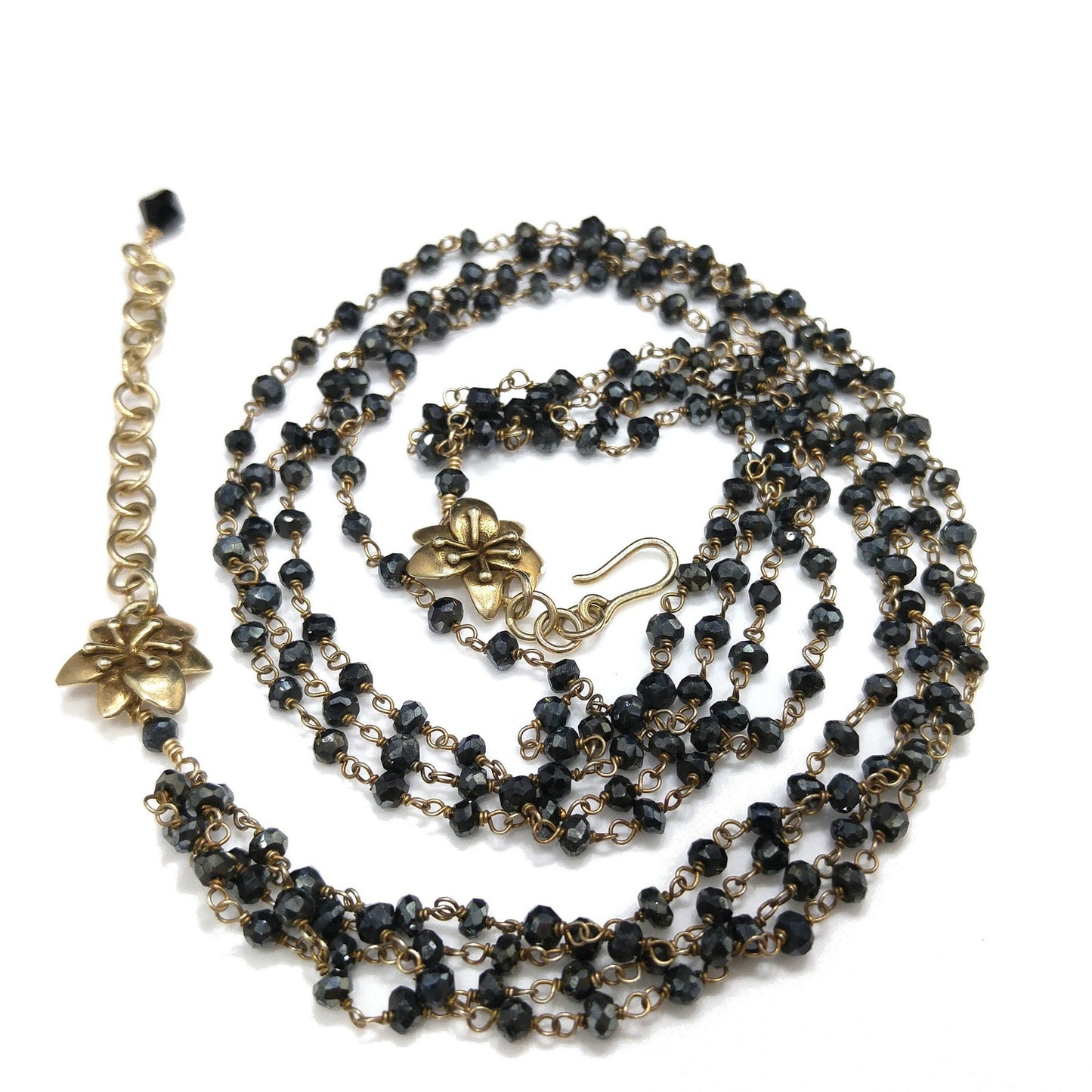 Hand Cut Crystal Wire Wrapped Necklace, Four Strands, Gold Silver Flowers, 1940s Vintage Jewelry
