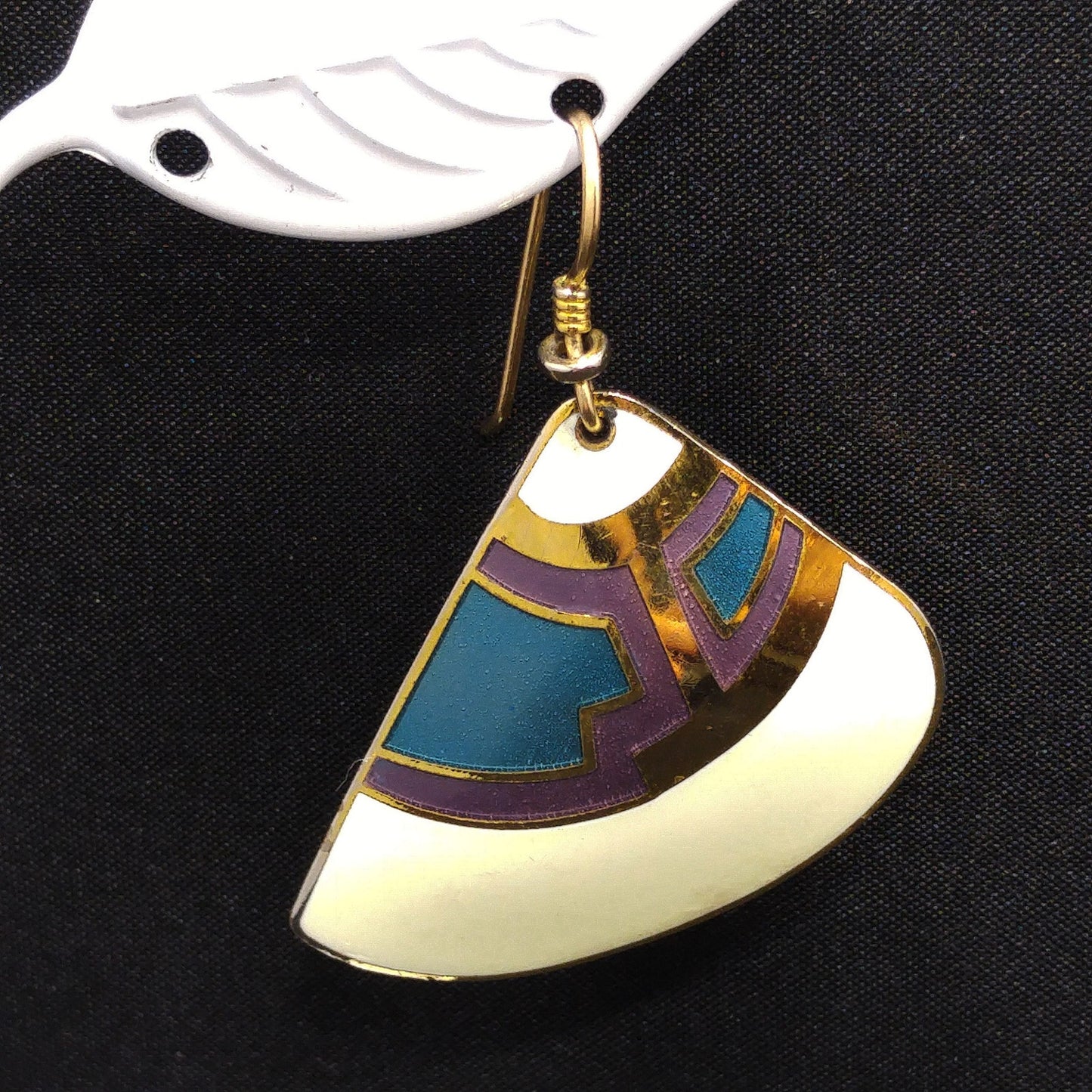 Laurel Burch White Purple Blue Enamel Fan Earrings, Gold Plated Cloisonne, 1980s Vintage Jewelry
