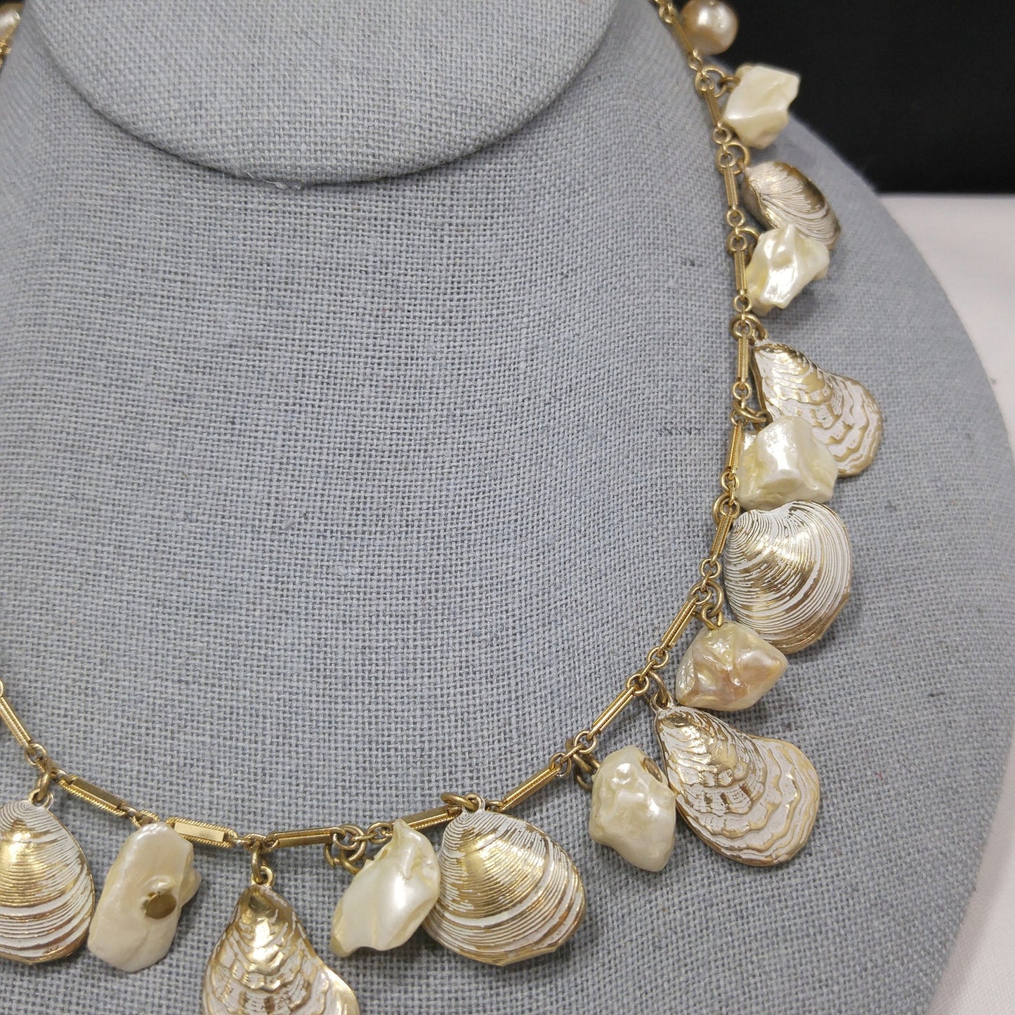 Sea Shell & Faux Pearl Charm Necklace, Gold Tone Chain, 1950s Vintage Jewelry