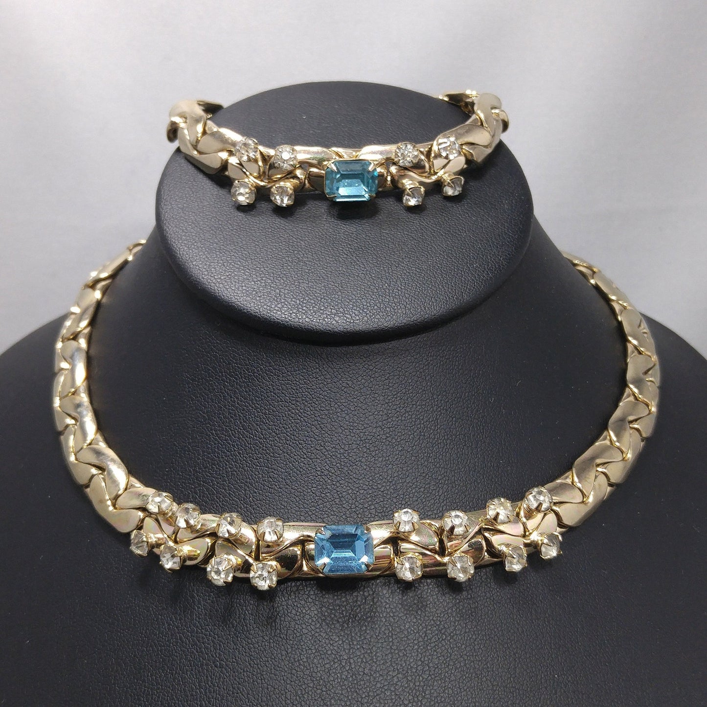 Vintage Gold Tone Chain Rhinestone Necklace & Bracelet Set, Sky Blue