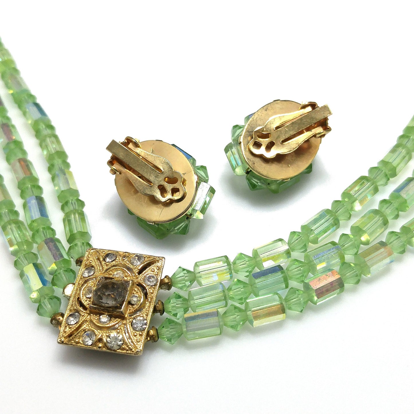 Green AB Barrel Crystal Necklace & Earrings, Austrian Crystal Beads, 1960s Vintage Jewelry