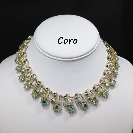 Coro Aurora Borealis Rhinestone Choker Necklace, Gold Tone, 1950s Vintage Jewelry