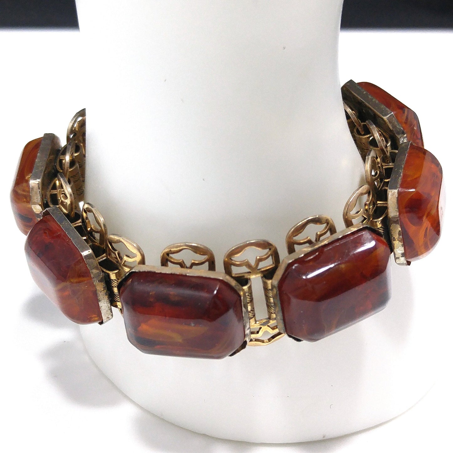 Book Chain Brown Art Glass Bracelet, Victorian Revival, Gold Plated, 1950s Vintage Jewelry