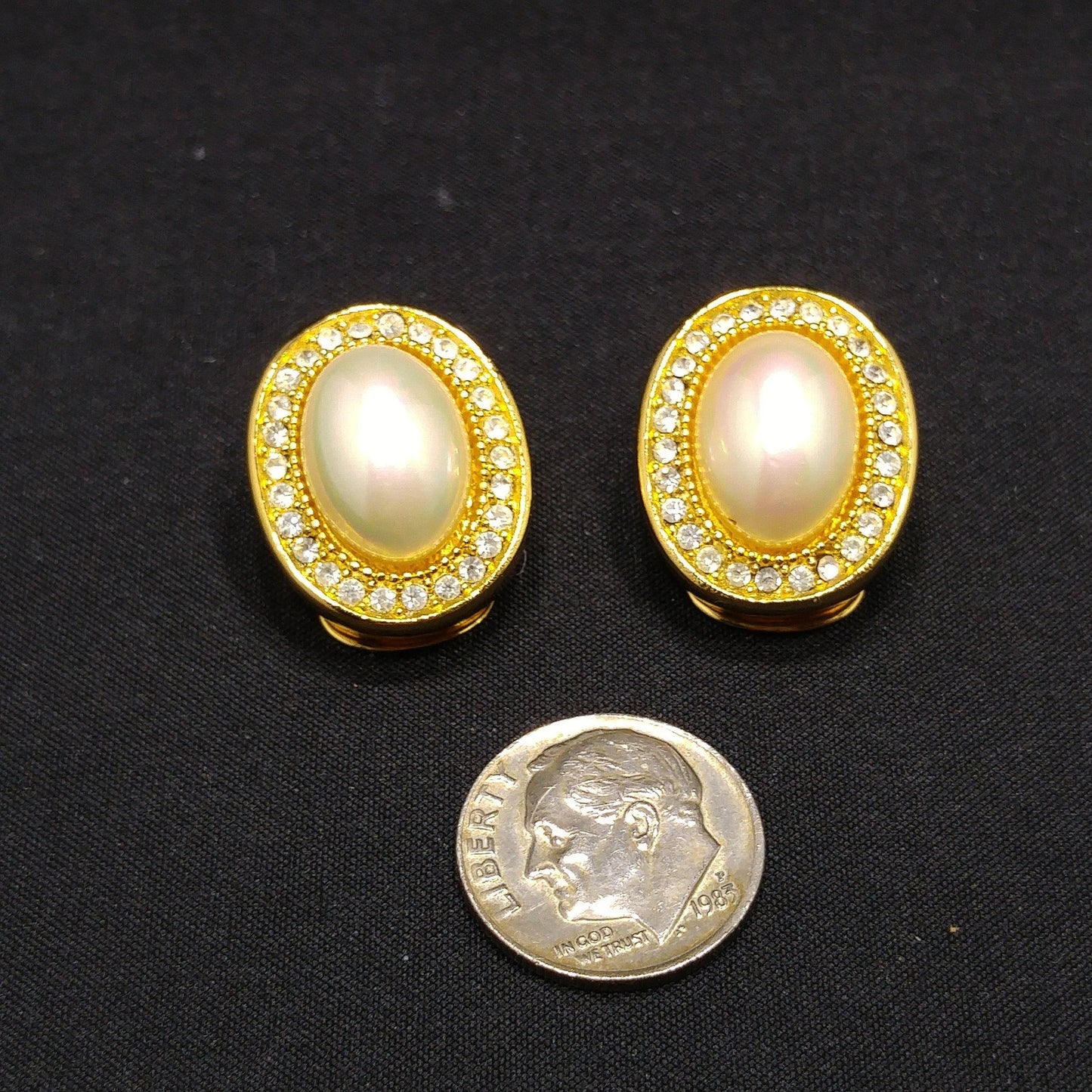 Christian Dior Faux Pearl Rhinestone Clip Earrings, Gold Plated, 1980s Vintage Jewelry