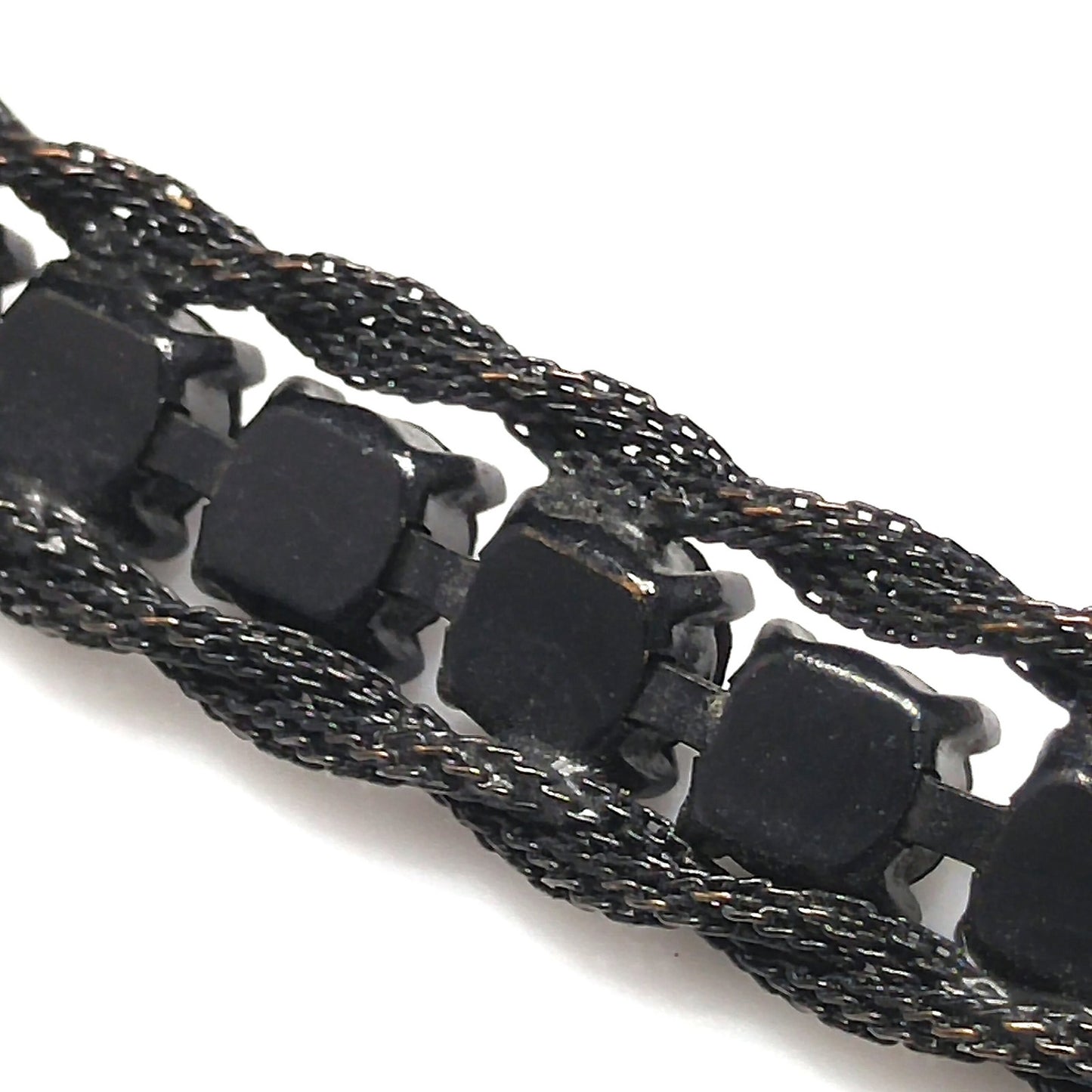 Weiss Black Japanned Bracelet, Black Rhinestones, 1950s Vintage Jewelry