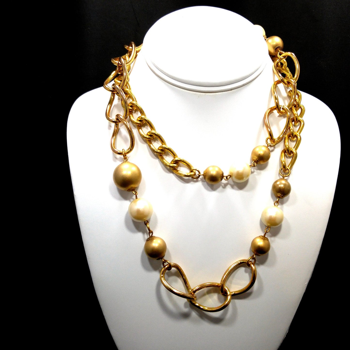 Miriam Haskell Long Faux Pearl Necklace, 36 Inches, Gold Plated, 1940s Vintage Jewelry