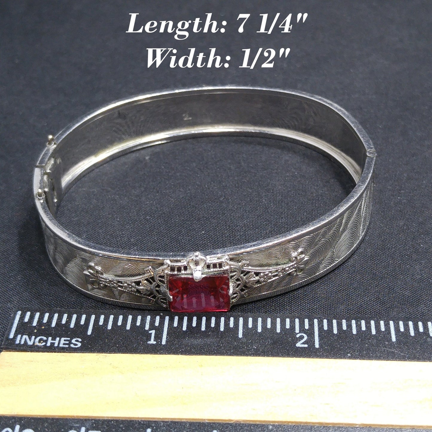 Emerald Cut Red Rhinestone Hinged Bracelet, Silver Tone, 1970s Vintage Jewelry