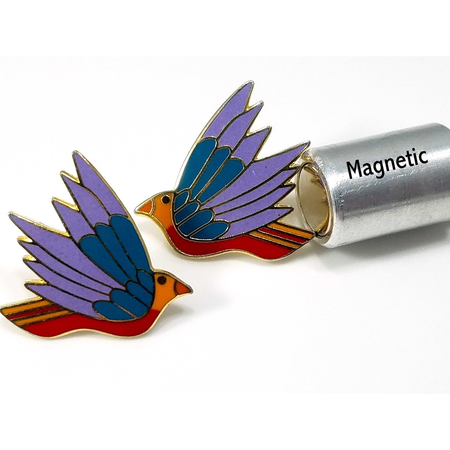 Laurel Burch "Celeste" Bird Earrings, Gold Plated Cloisonne Enamel, 1980s