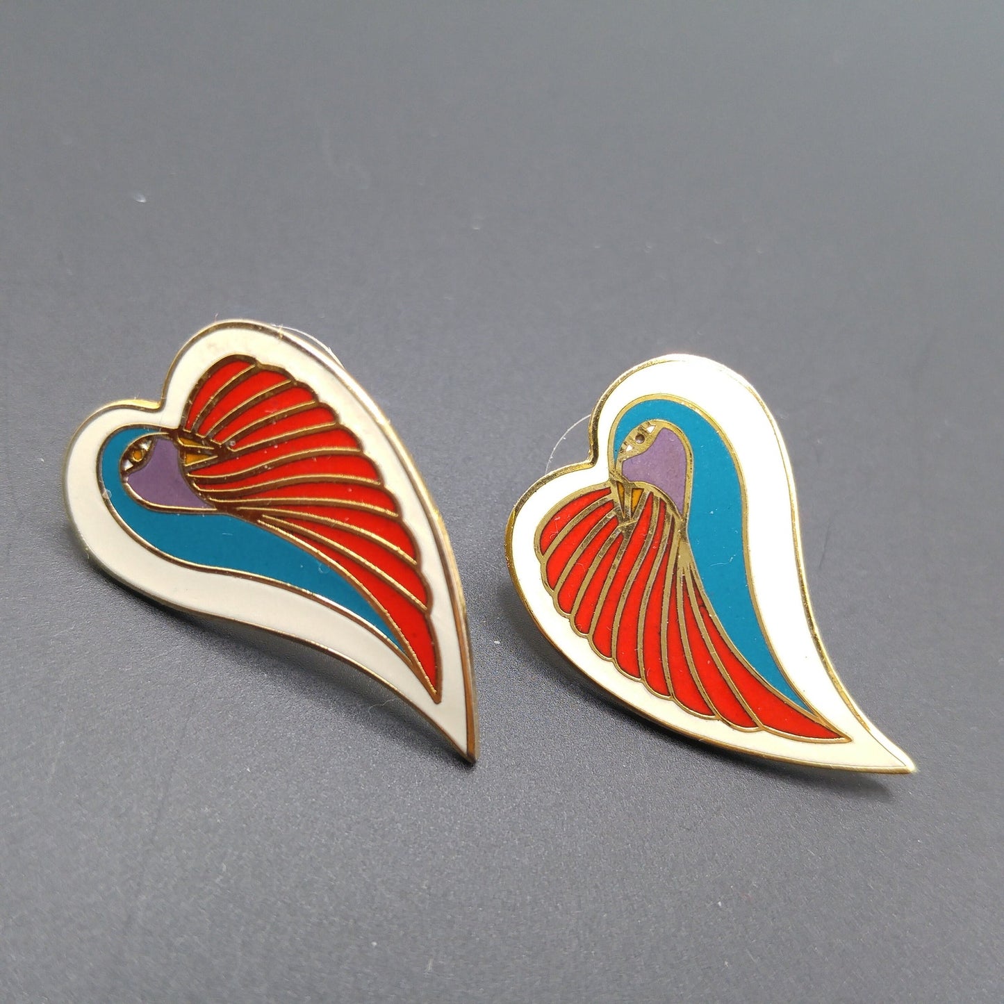 Vintage Laurel Burch "Dove Heart" Post Earrings, Cloisonne Enamel, Gold Plated