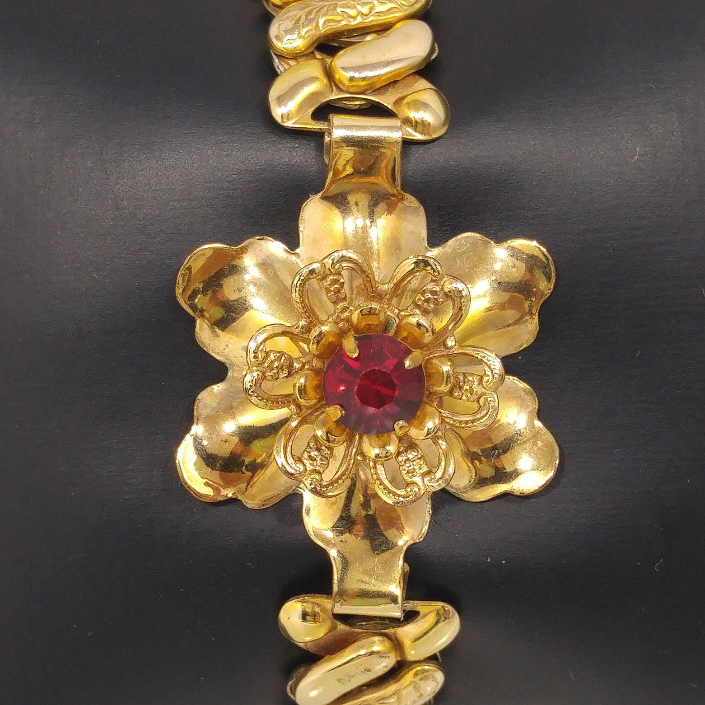 Barclay Gold Filled Flower Expansion Bracelet, Red Crystal Gold Flower