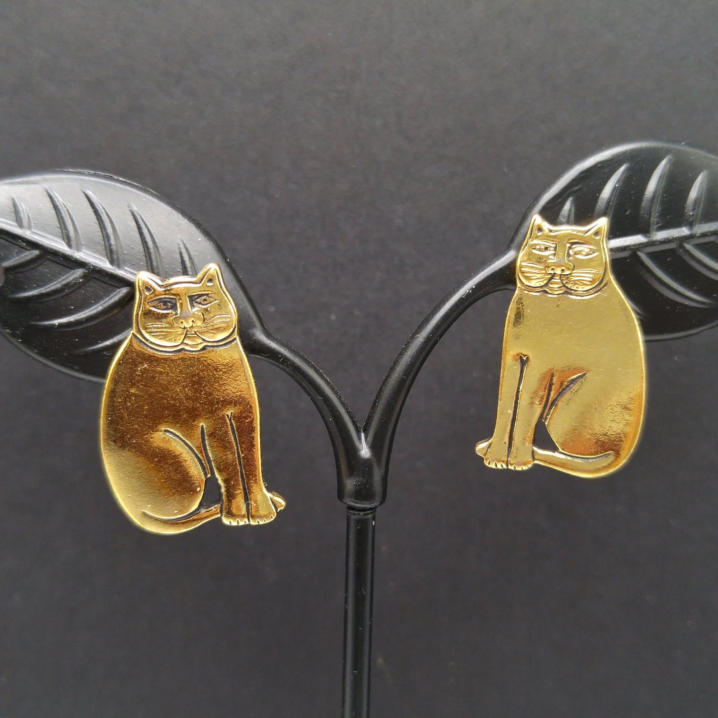 Vintage Laurel Burch Cat Post Earrings, Sitting Cats, Gold Plated