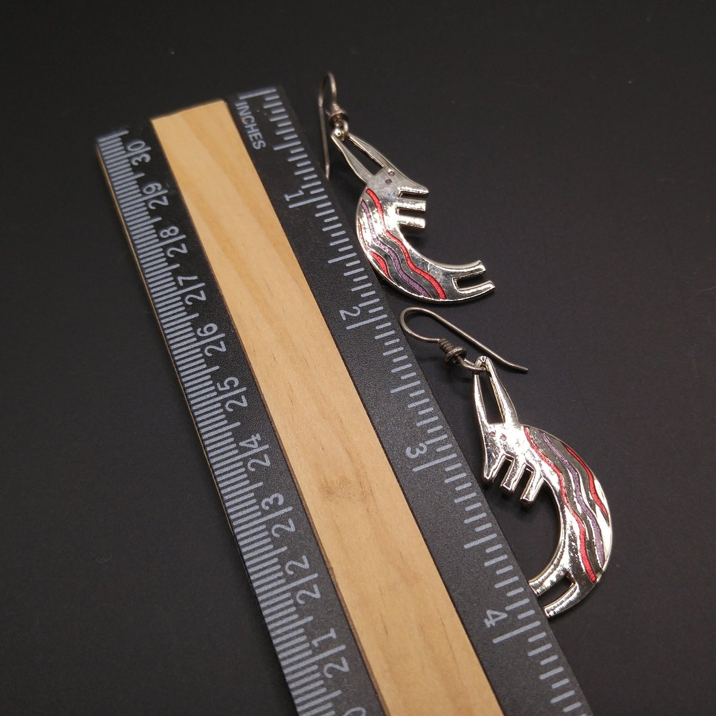Laurel Burch "Conejo" Rabbit Dangle Earrings, Striped Red Purple Enamel, 1980s Vintage Jewelry