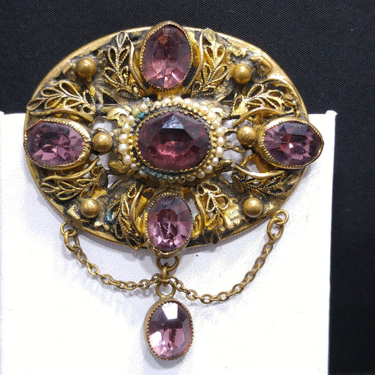 Art Nouveau Purple Czech Brooch, Purple Oval Dangle Rhinestone, 1930s Vintage Jewelry