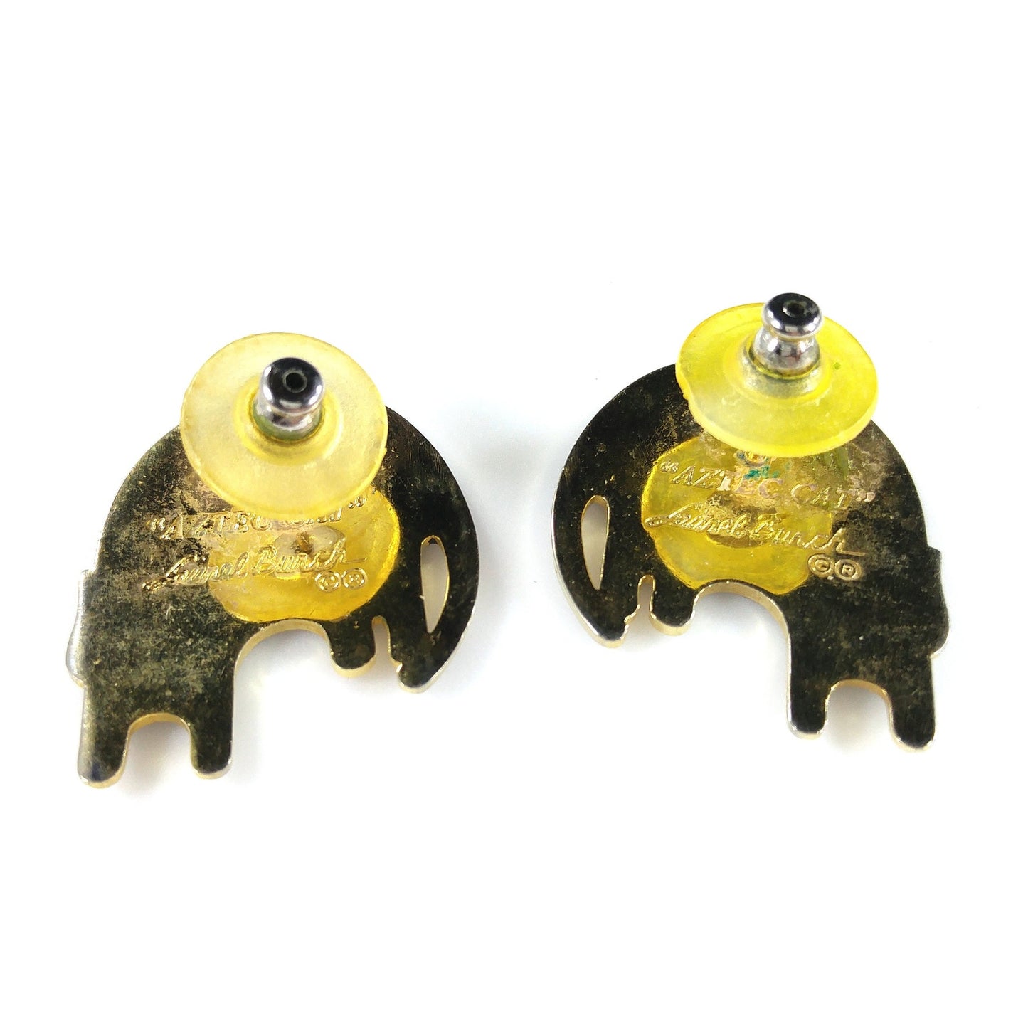 Vintage Laurel Burch "Aztec Cat" Post Earrings, Gold Plated, Black Gray Enamel