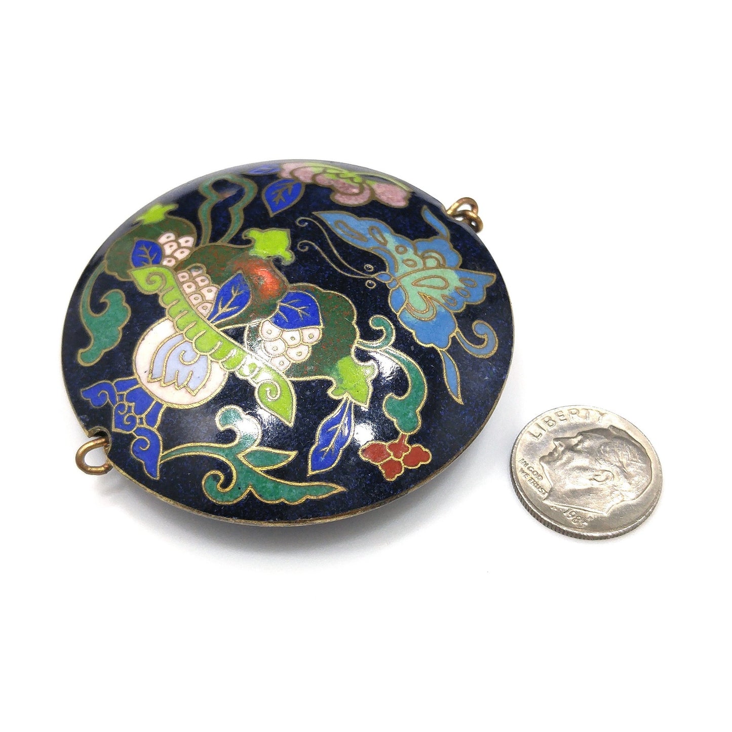Vintage Cloisonné Double Sided Large Pendant, Blue Enamel Butterfly, 1960s Vintage Jewelry