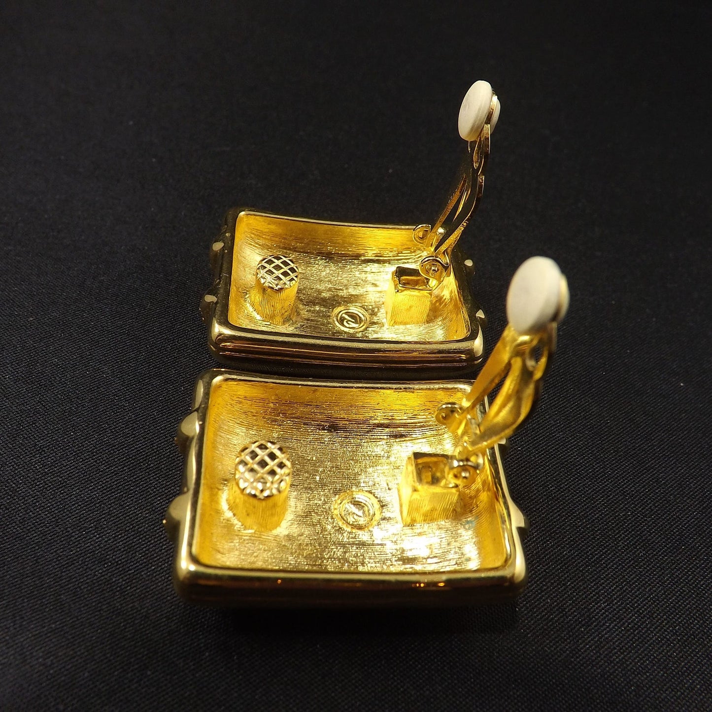 Vintage Swarovski Gold Black Enamel Clip Earrings, Crystal Rhinestones Swan Logo