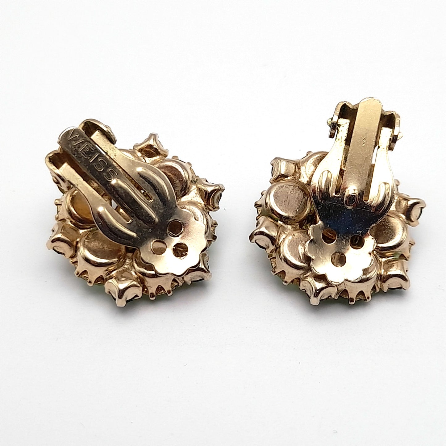 Vintage Weiss Green Rhinestones Floral Clip Earrings, 1960s