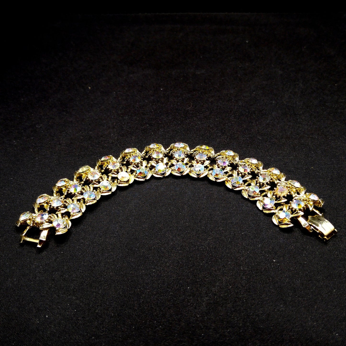 Vintage Aurora Borealis Rhinestone Wide Bracelet, Gold Plated, 1960s