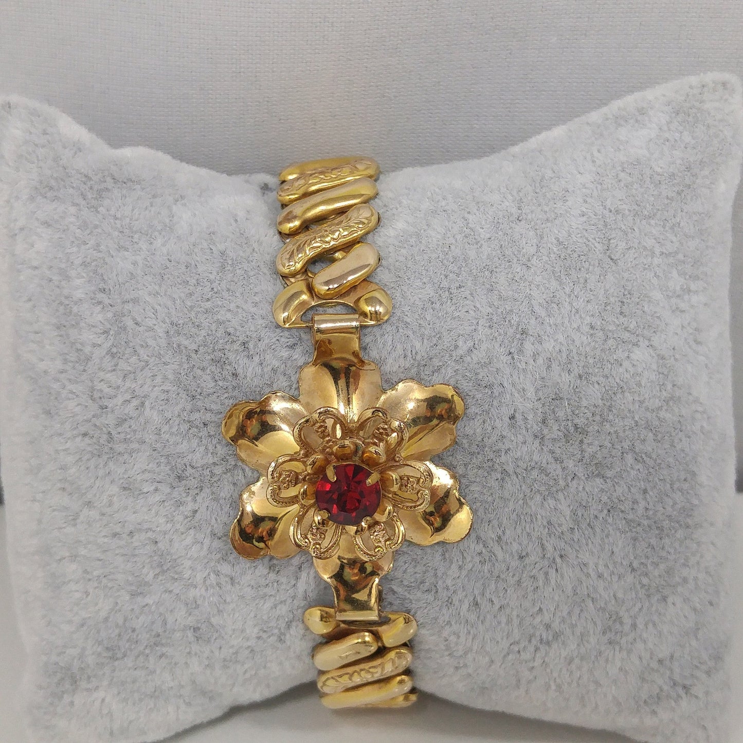Barclay Gold Filled Flower Expansion Bracelet, Red Crystal Gold Flower