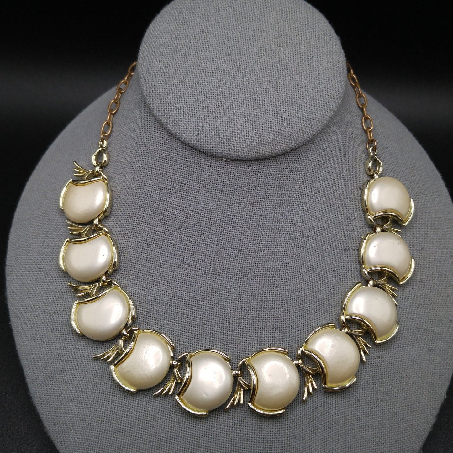Creamy White Pearled Link Choker Necklace, Mid-Century, Gold Tone, 1950s Vintage Jewelry