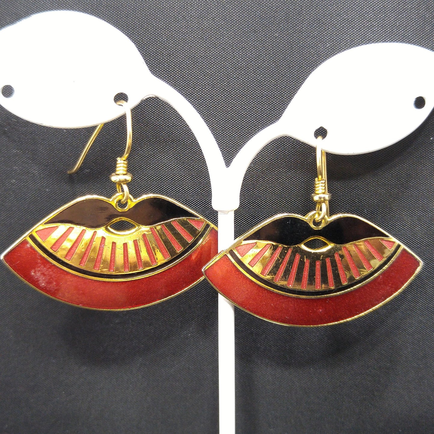 Laurel Burch Metallic Red Fan Earrings, Cloisonne Gold Plate Enamel, 1980s Vintage Jewelry