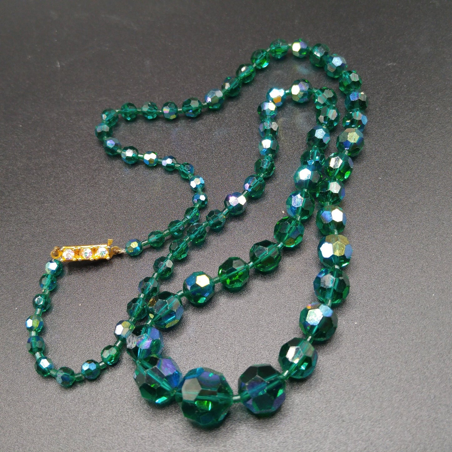 Dark Green Crystal Necklace, Aurora Borealis, Rhinestone Clasp, 1960s Vintage Jewelry