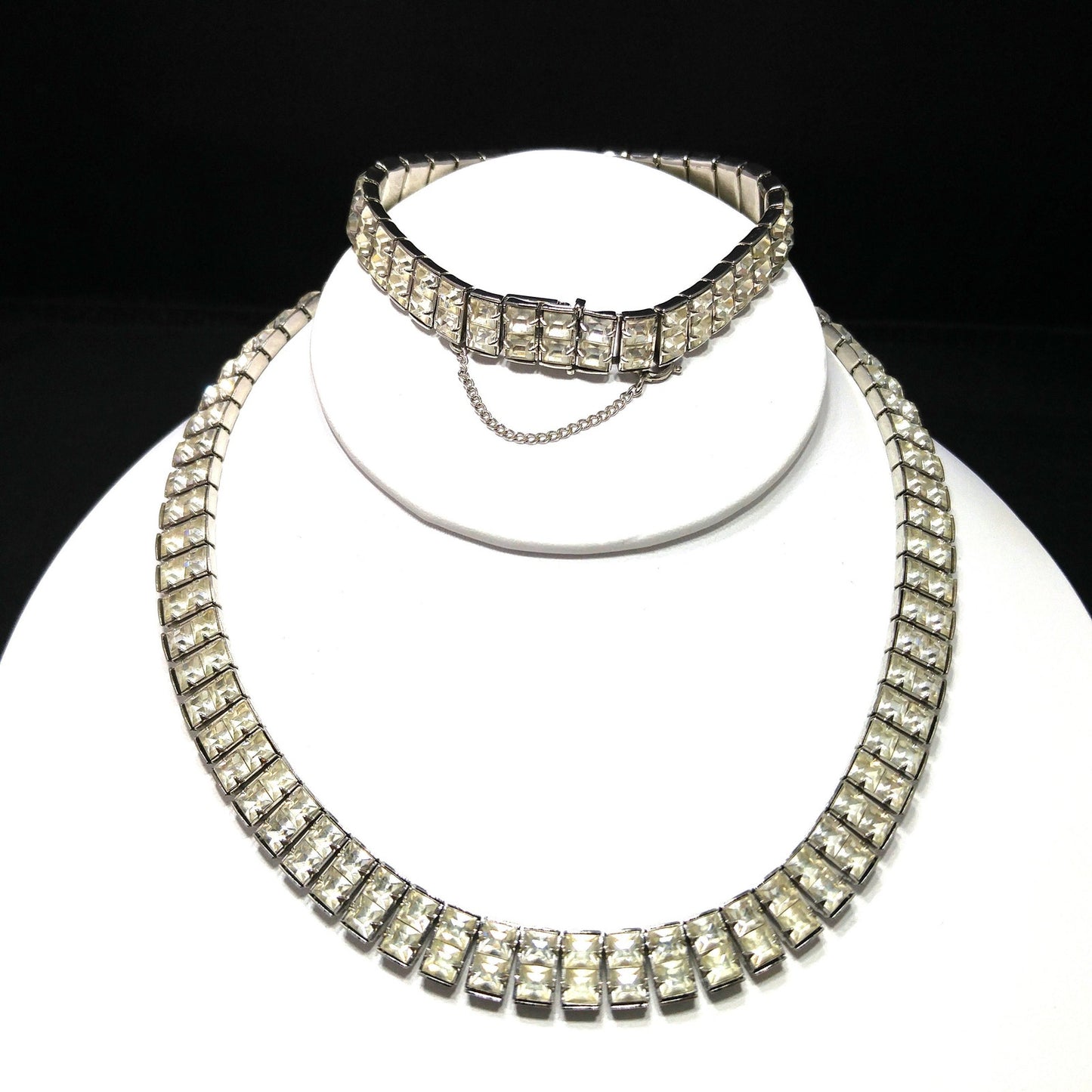 Art Deco Clear Rhinestone Choker Necklace Bracelet Set, Wedding Bridal, 1950s Vintage Jewelry
